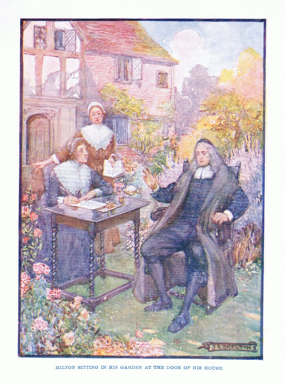 Milton assis dans son jardin à la porte de sa maison, de Littérature anglaise pub. par T C & EC Jack, vers 1920 - J. R. Skelton
