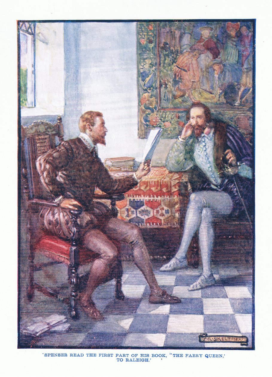 Spenser a lu la première partie de son livre La Reine des Fées à Raleigh, de Littérature anglaise pub. par T C & EC Jack, vers 1920 - J. R. Skelton