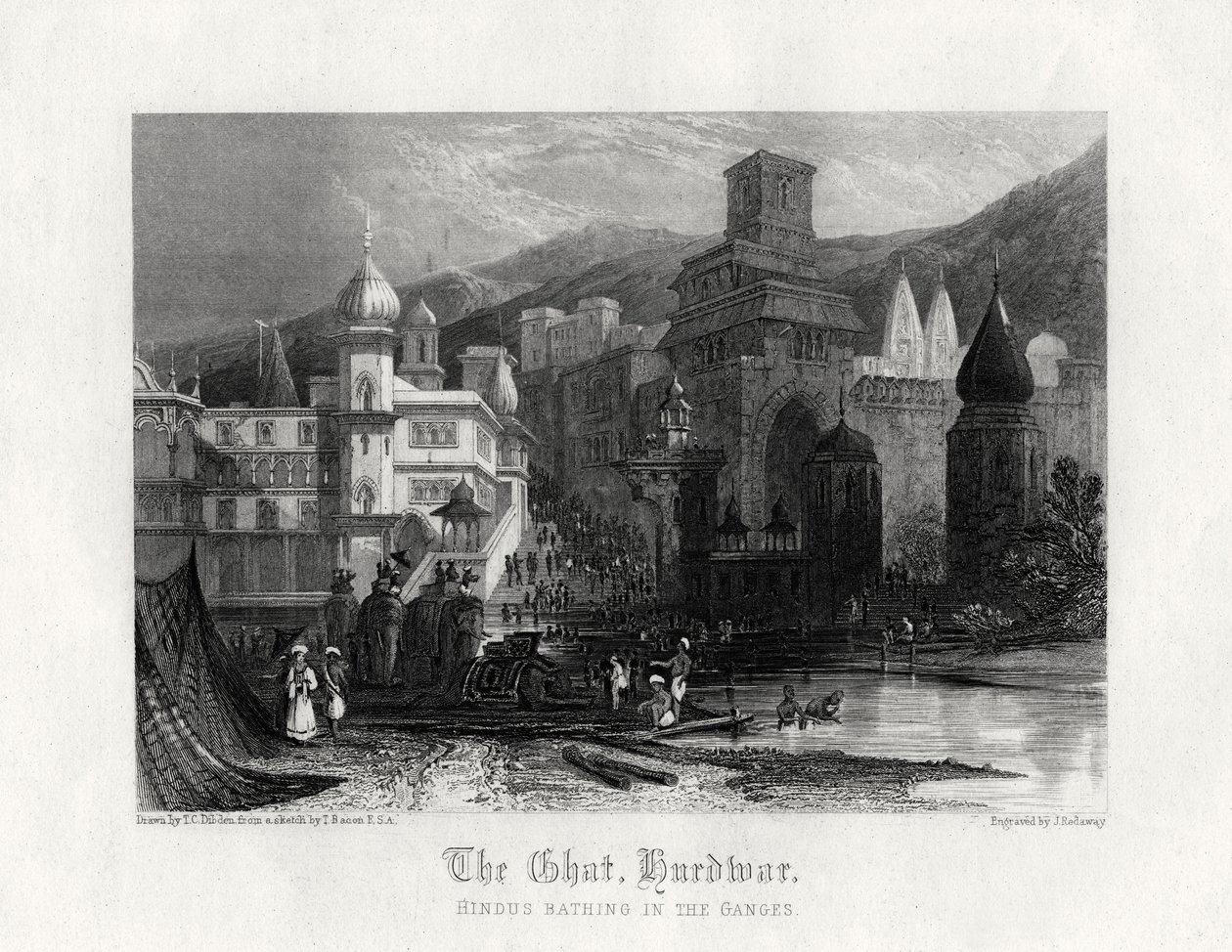 Le Ghat, Hurdwar, Hindous se baignant dans le Gange, 19e siècle - J. Redaway