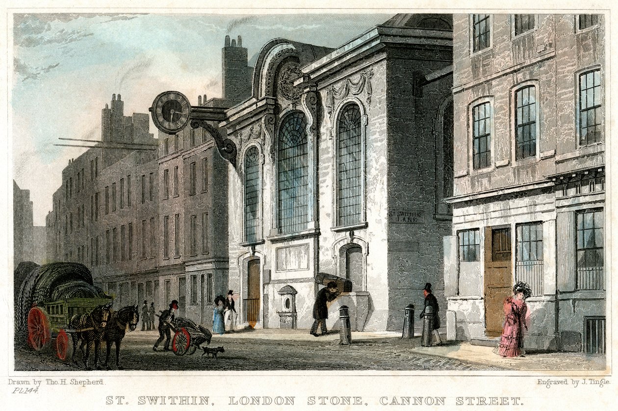 Église de St Swithin et la pierre de Londres, Cannon Street, City of London, vers 1830 - J. Tingle
