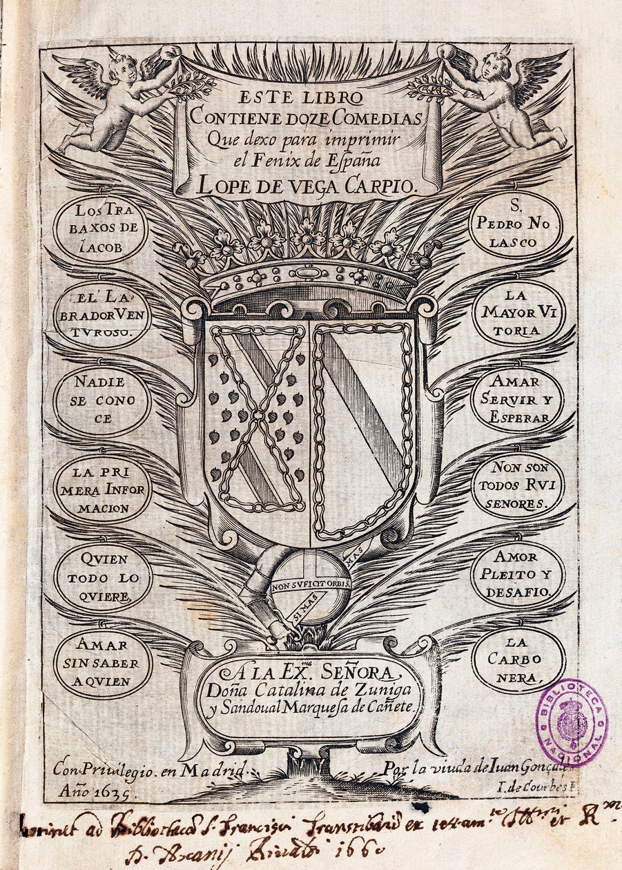 Page de titre de la collection de douze comédies de Félix Lope de Vega Carpio (1562-1635) - J. de (after) Courbes