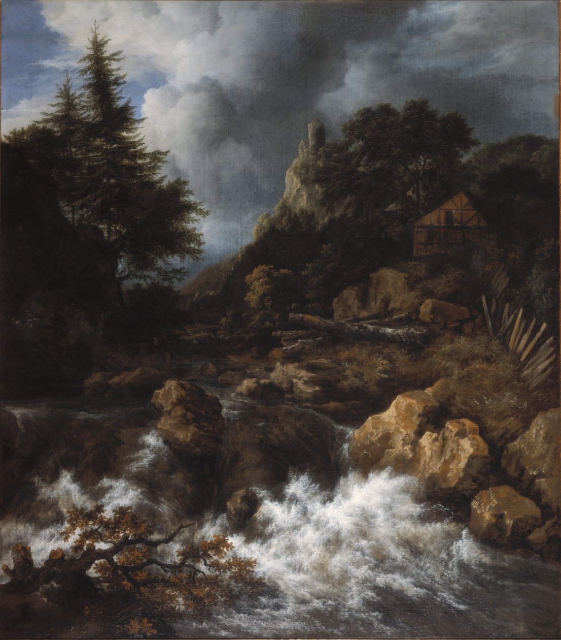 Cascade avec une maison à colombages et un château - Jacob van Ruisdael