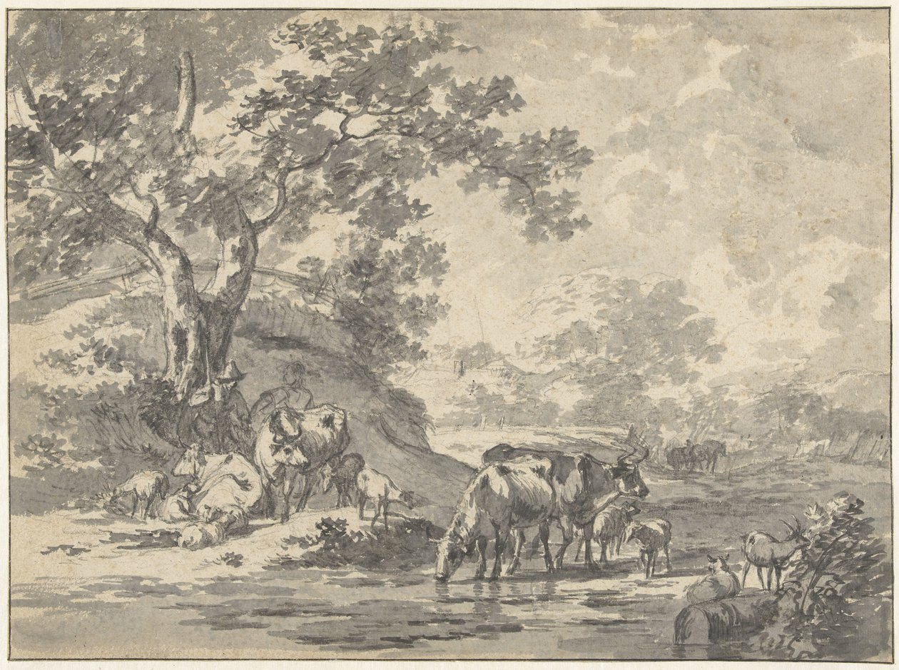 Paysage avec berger et bétail sous un arbre près de l