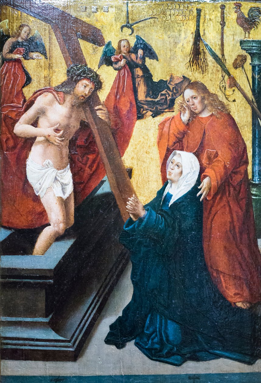 Christ ressuscité avec le symbole de la passion apparaissant à la Madone et à Saint Jean l