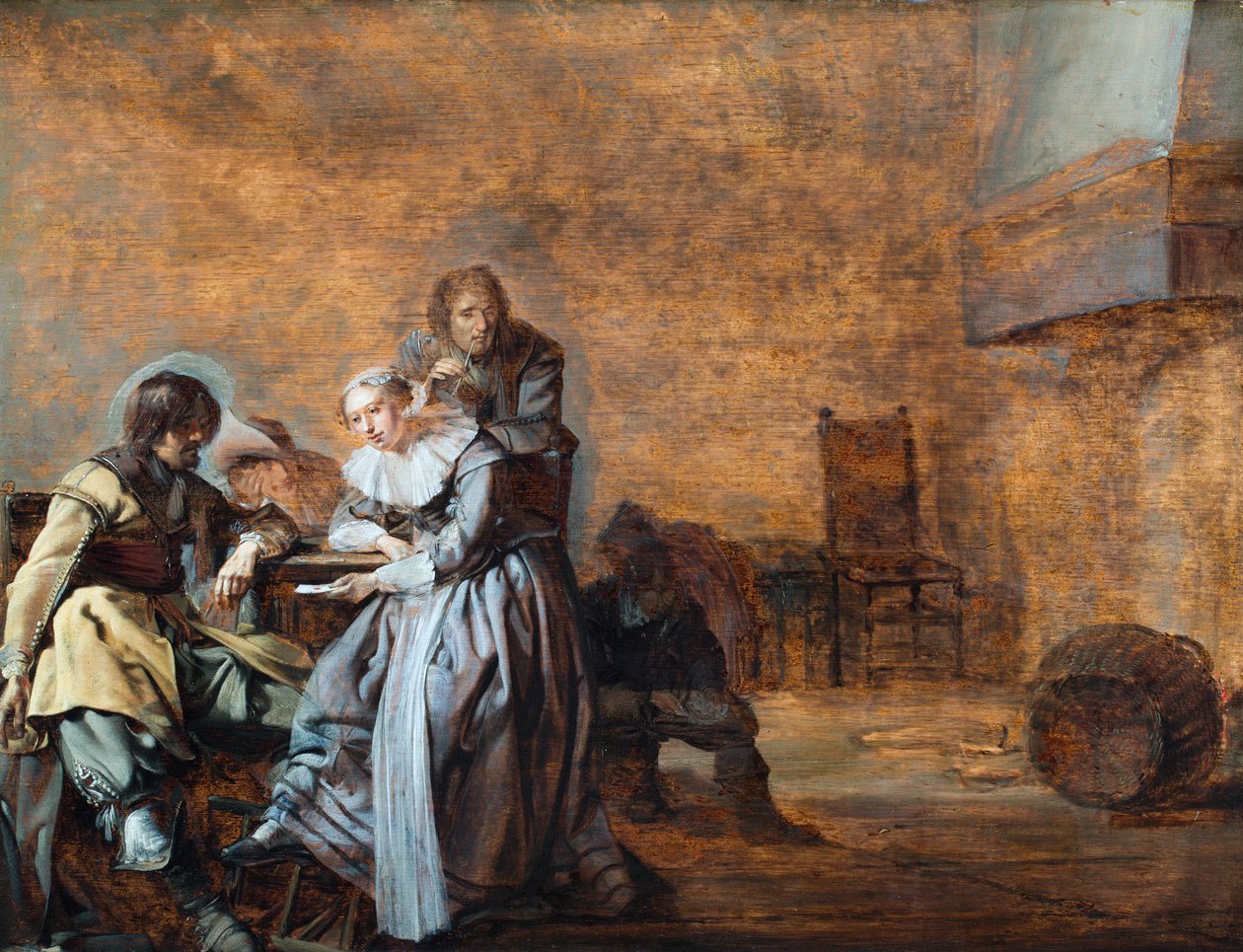 Un intérieur avec des cavaliers et une femme aux cartes (huile sur panneau) - Jacob Duck