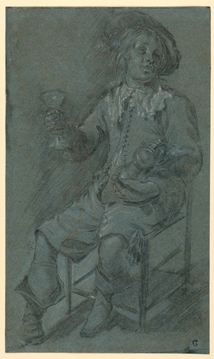 Dessin, cavalier assis avec un verre à vin, 1650-60 - Jacob Duck
