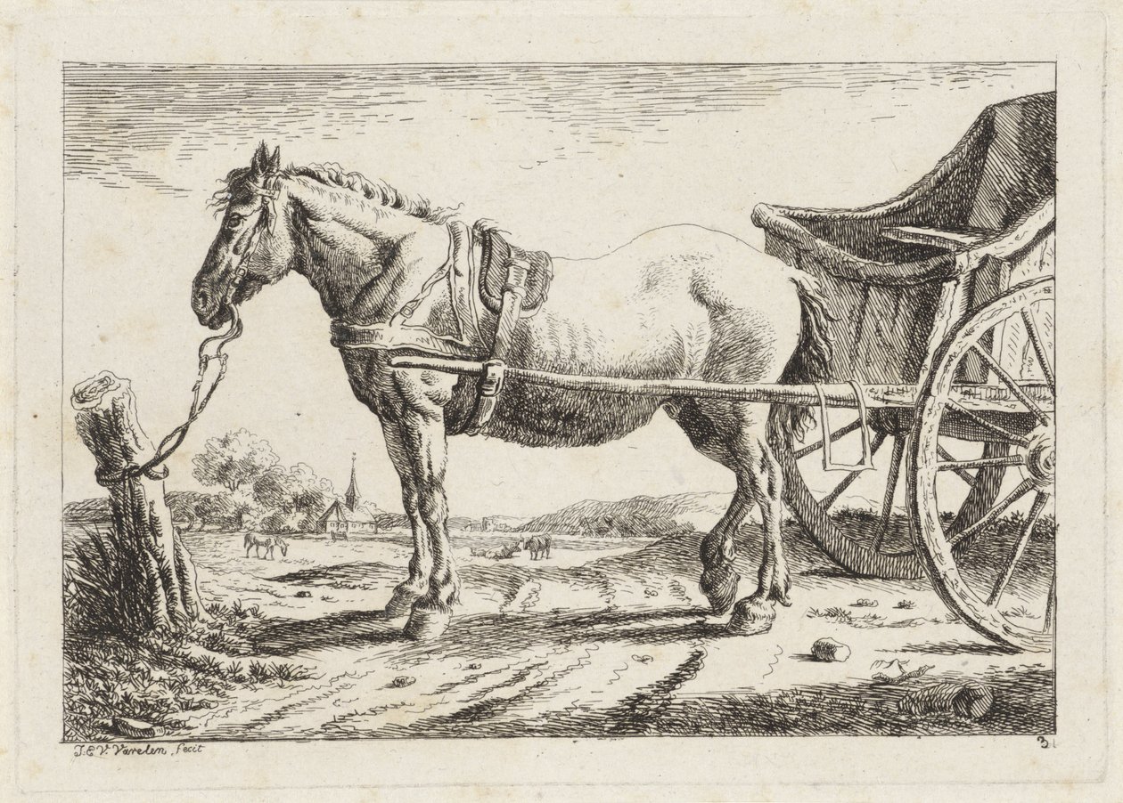Cheval debout, attelé à une charrette - Jacob Elias van Varelen