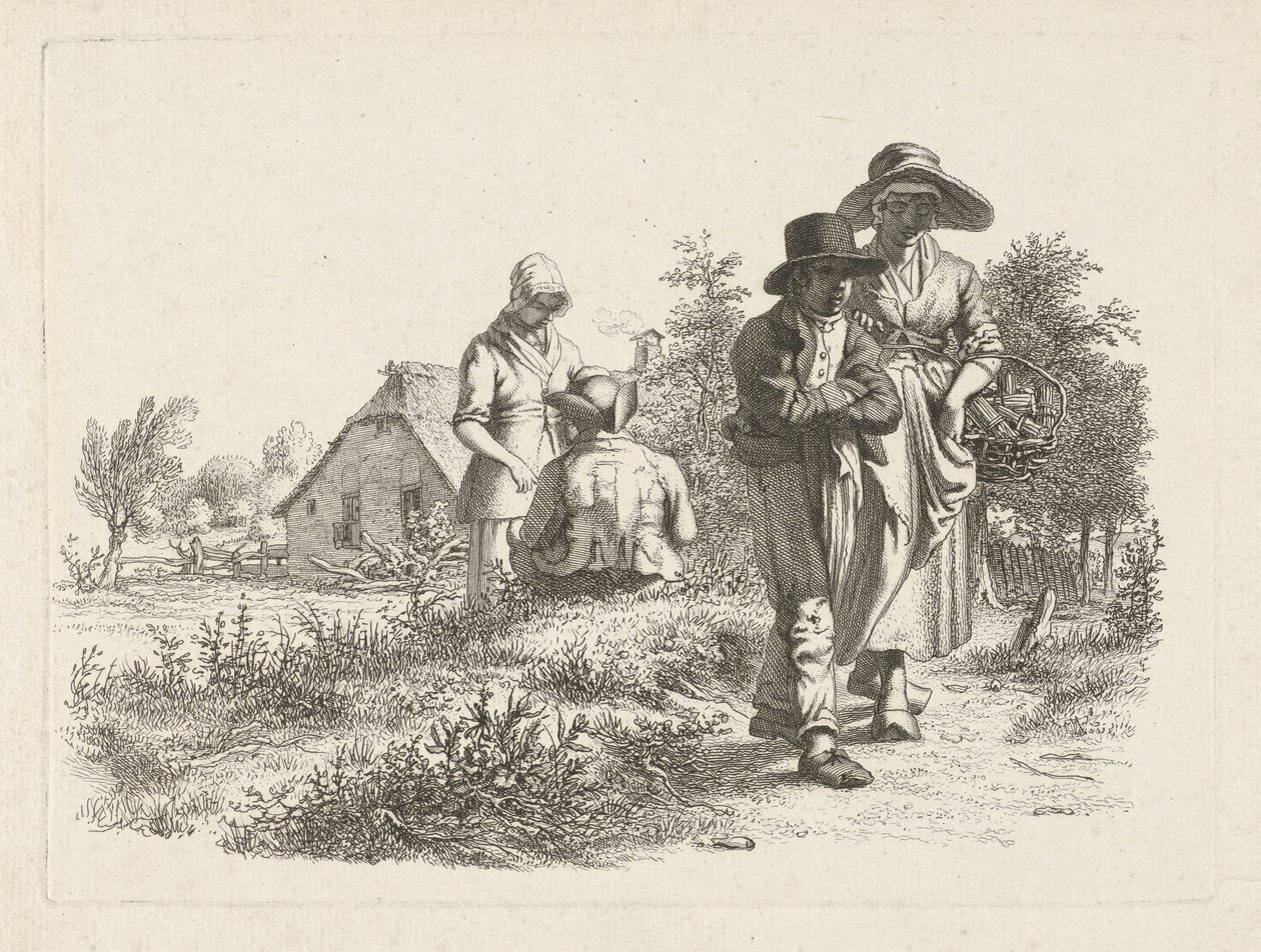 Femme aveugle et personnages conversant près d