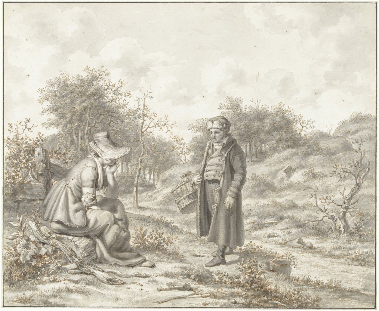Paysage vallonné avec une femme assise et un homme debout avec un panier - Jacob Ernst Marcus