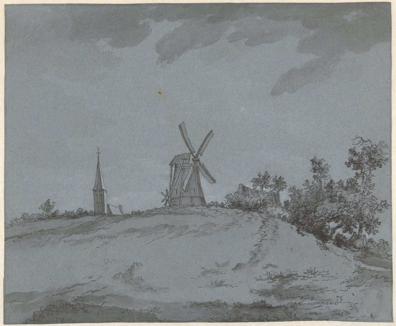 Paysage avec moulin à vent et église sur une colline - Jacob Ernst Marcus