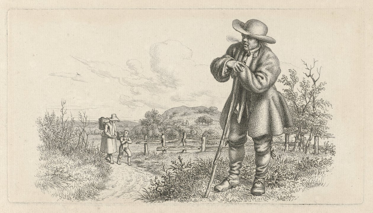 Homme appuyé sur un bâton et femme avec enfant sur un chemin (Études gravées) - Jacob Ernst Marcus