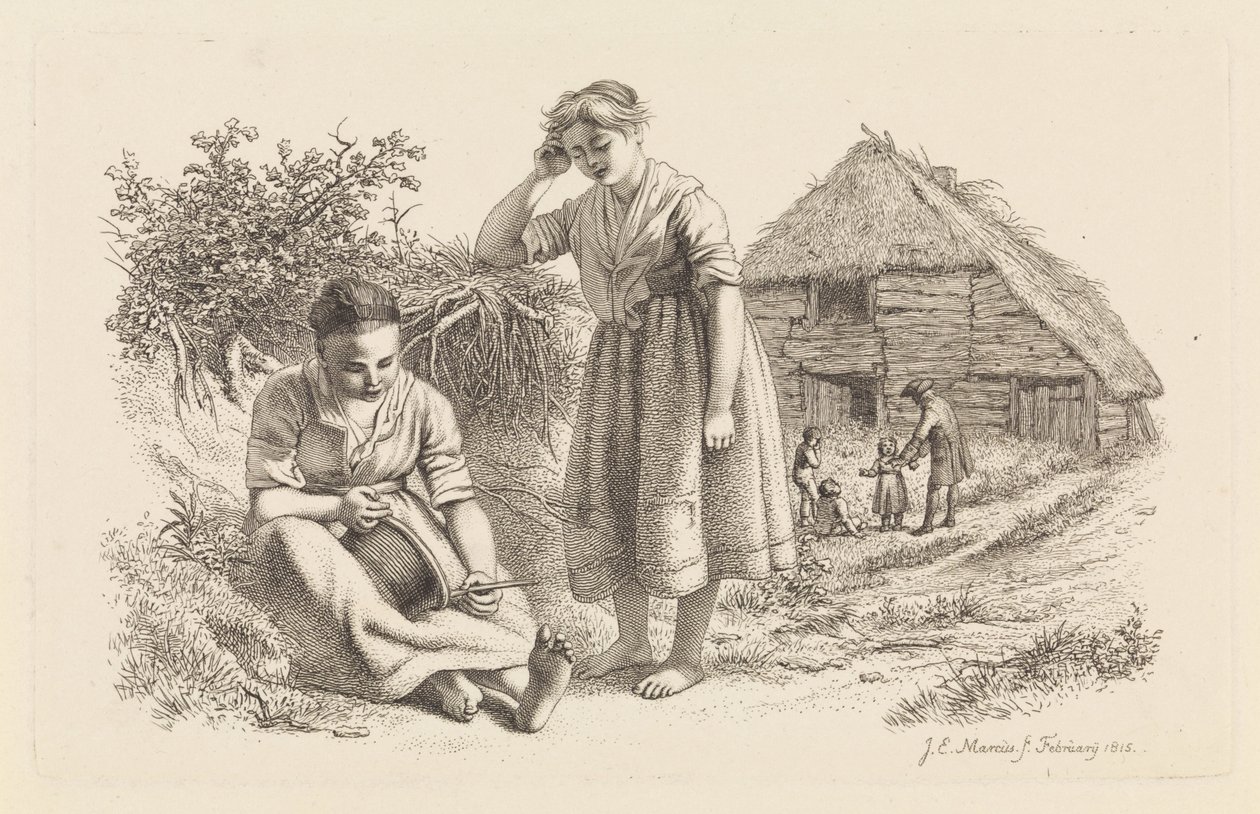 Deux femmes et un homme avec des enfants devant une grange (Études gravées) - Jacob Ernst Marcus