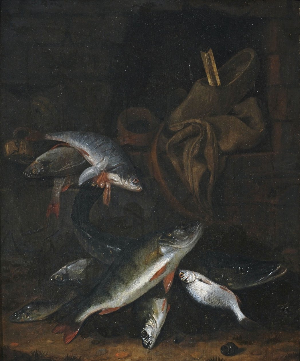 Nature morte aux poissons avec brochet et brème sur un mur - Jacob Gillig