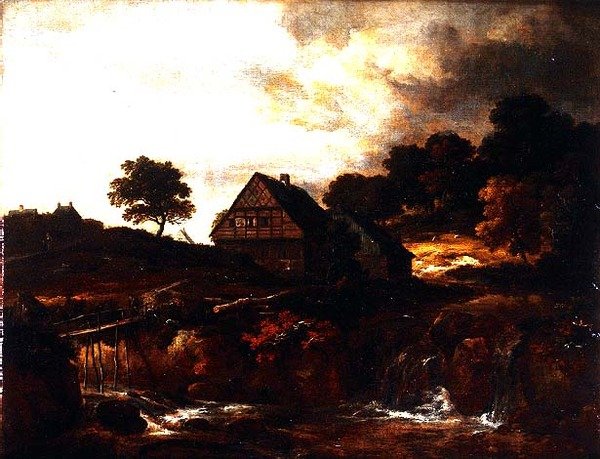 Paysage boisé avec paysan sur un pont au-dessus d