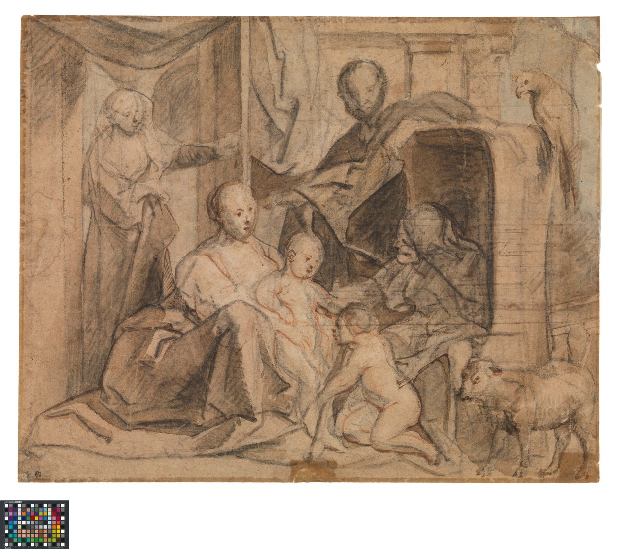 French : La Sainte Famille avec Elisabeth et le petit Jean (dos- porte, ouverture de la porte et Hermès)
Dutch : De Heilige Familie met Elisabeth en de kleine Johannes (keerzijde : Deur, deuropening en Hermes) - Jacob Jordaens