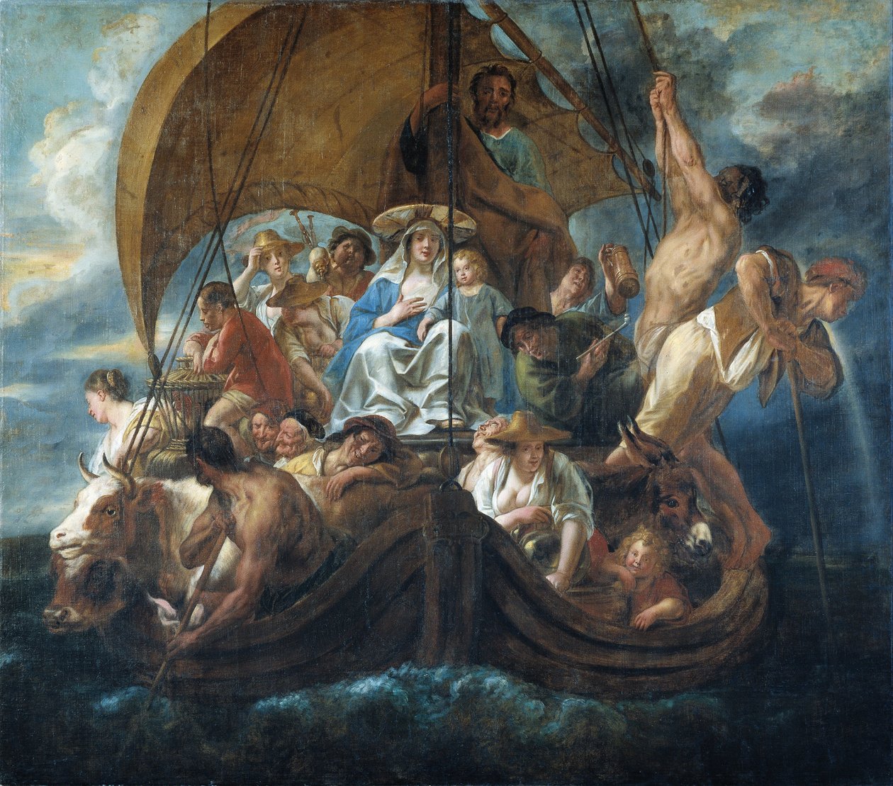 La Sainte Famille avec diverses personnes et animaux dans un bateau - Jacob Jordaens