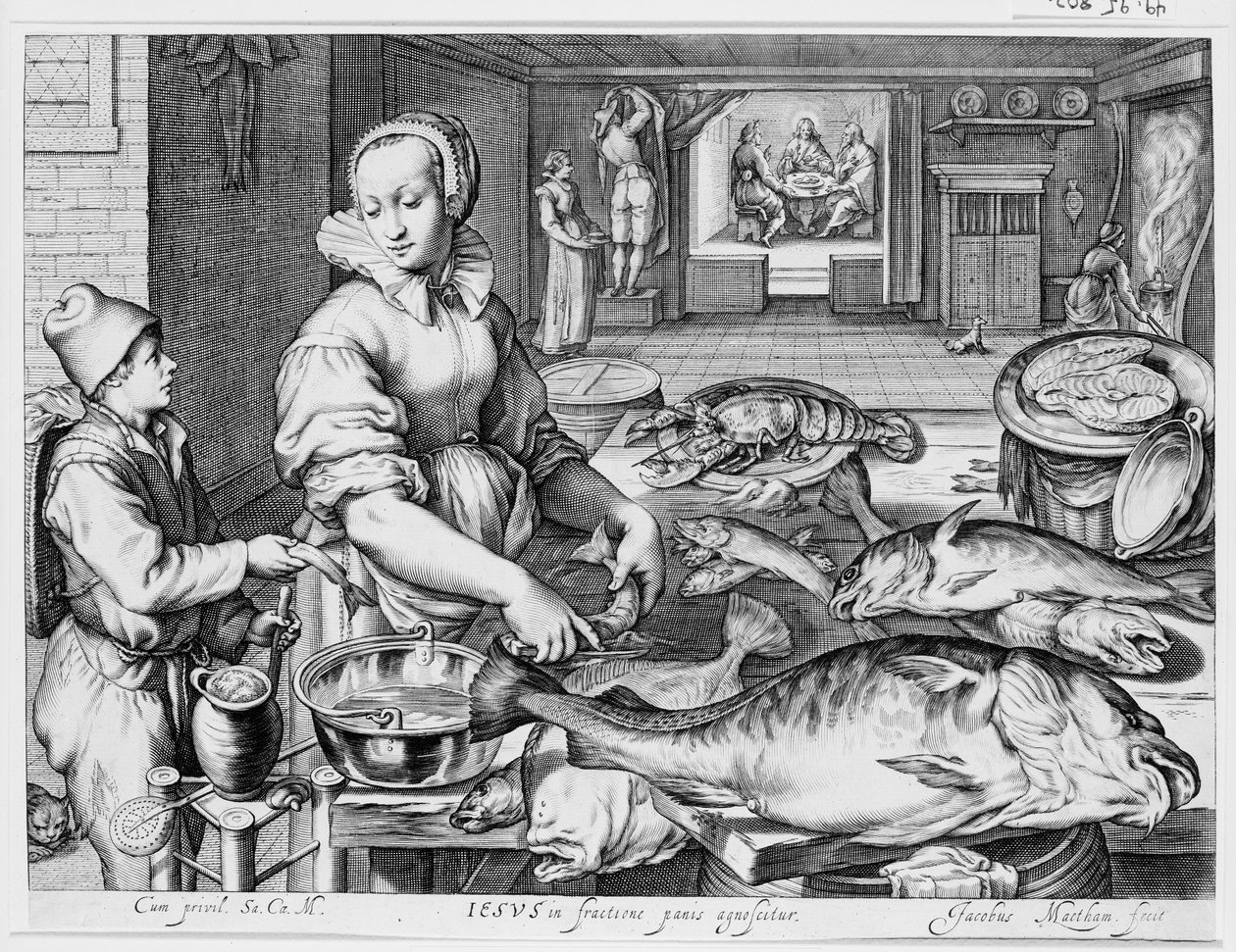 Scène de cuisine avec une servante préparant du poisson, le Christ à Emmaüs à l