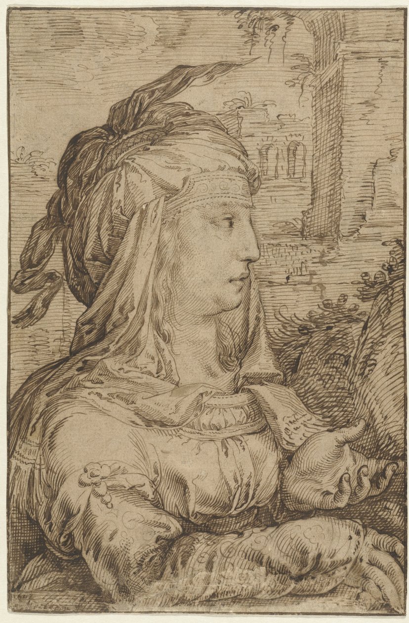 Femme en costume fantastique, de profil vers la droite - Jacob Matham