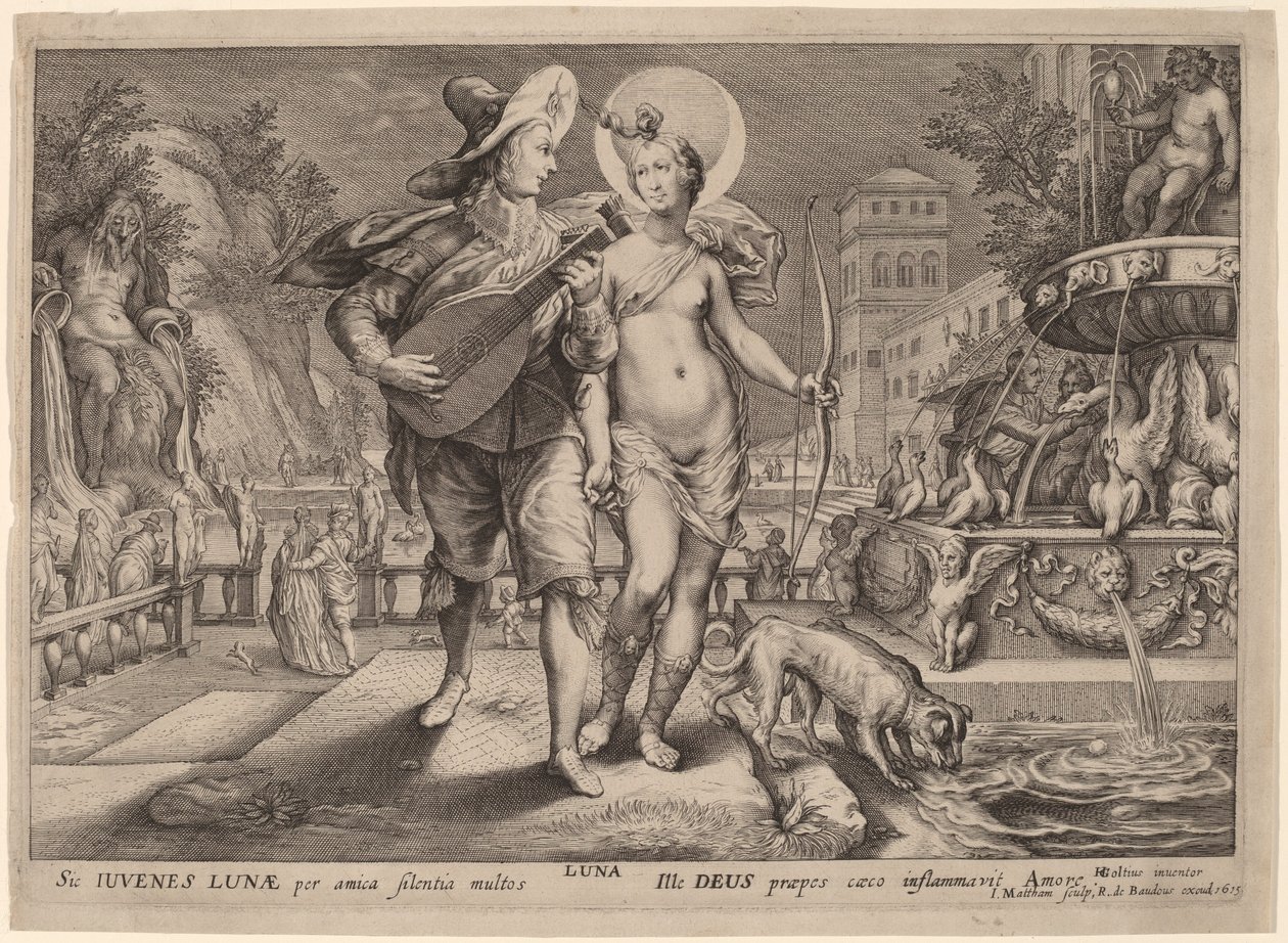 Diane en tant que Luna accompagnant un jeune homme sérénadant - Jacob Matham, after Hendrik Goltzius