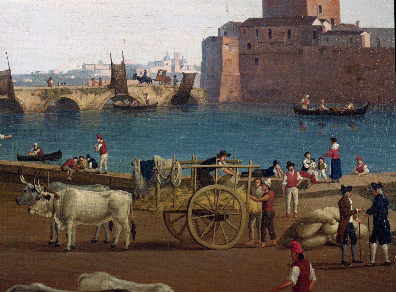 Vue du port de Tarente en Italie au 18ème siècle Dockers dans le port déchargeant les marchandises, charrette tirée par des bœufs - Jacob Philippe Hackert