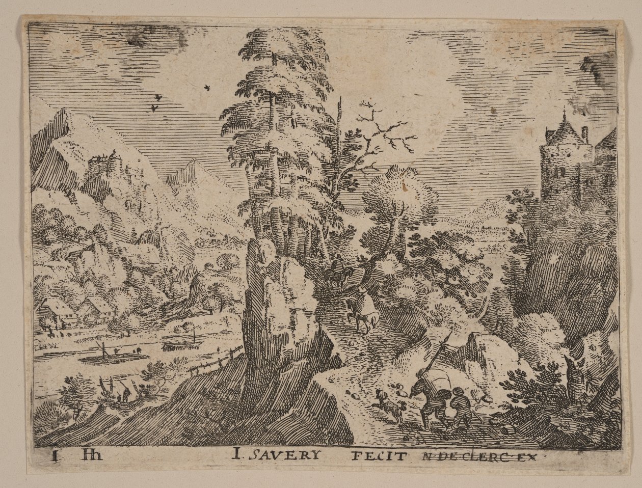 Chemin avec des voyageurs à droite de la rivière, extrait de Paysages - Jacob Savery I