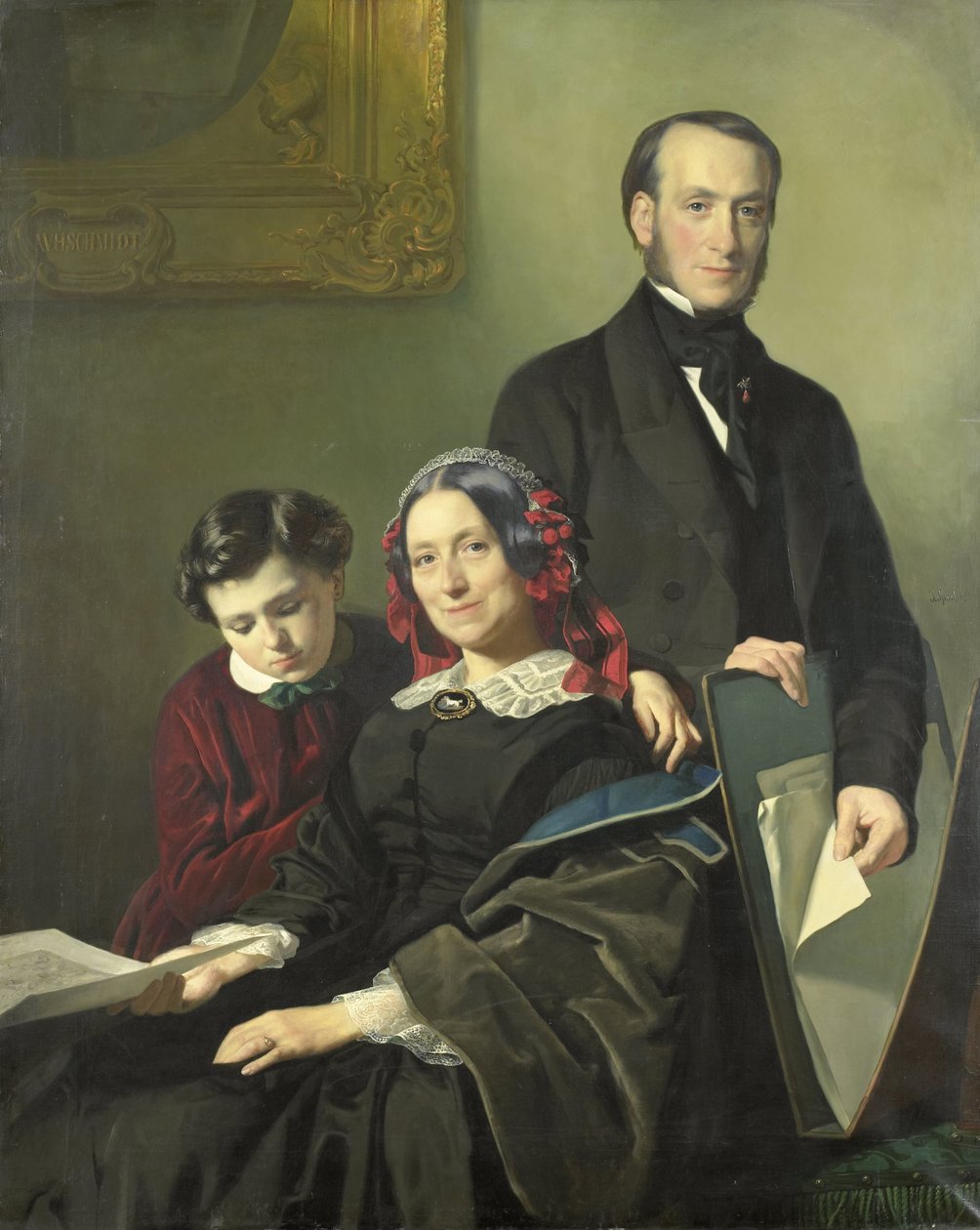 Mevrouw A.J. Schmidt-Keiser, veuve du peintre Willem Hendrik Schmidt (1809-49), le maître de Jacob Spoel, avec son frère J.N. Keiser et son fils de dix ans - Jacob Spoel