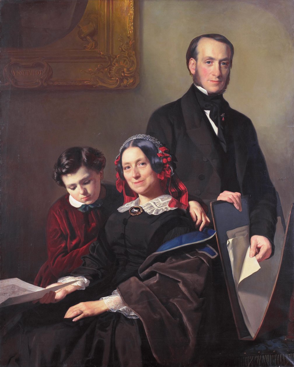 Mme A J Schmidt-Keiser, veuve du peintre Willem Hendrik Schmidt (1809-49), professeur de Jacob Spoel, avec son frère J N Keiser et son fils de dix ans. - Jacob Spoel