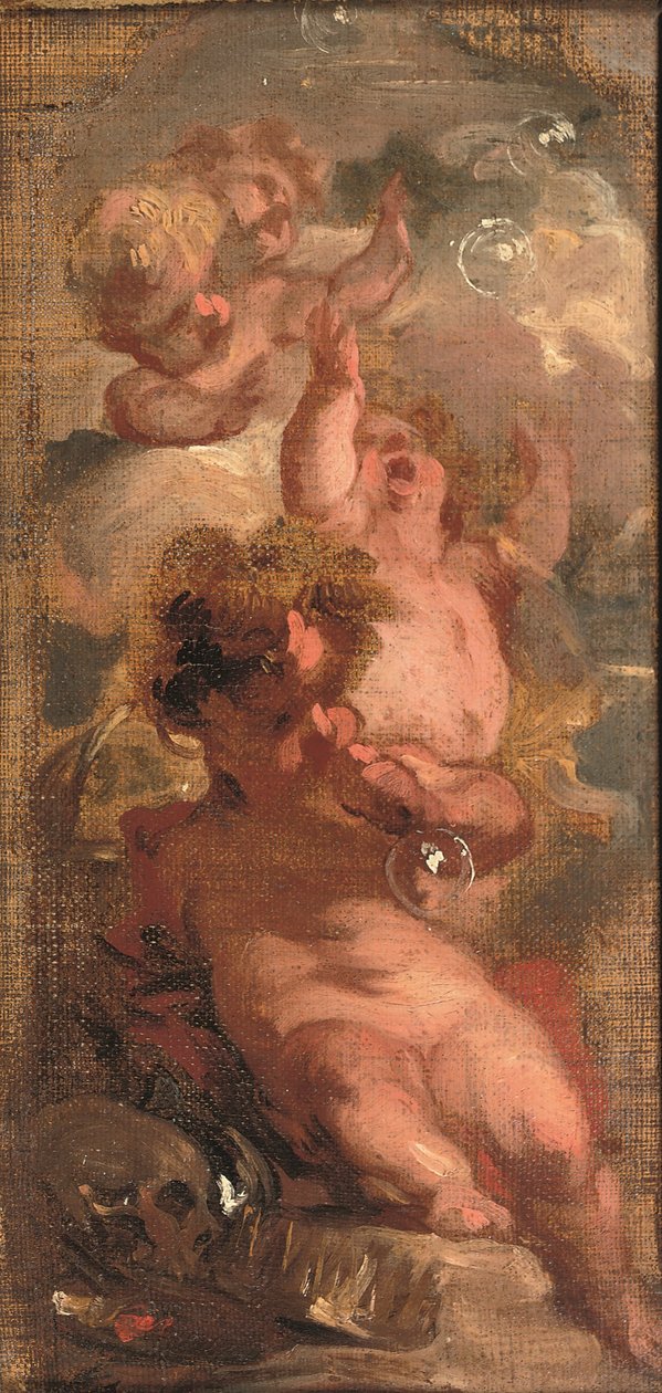 Allégorie de la Vanité : Quatre putti soufflant des bulles, un crâne, une palette d