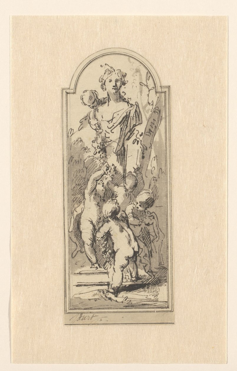 Putti avec un buste de femme entre des arbres - Jacob de Wit