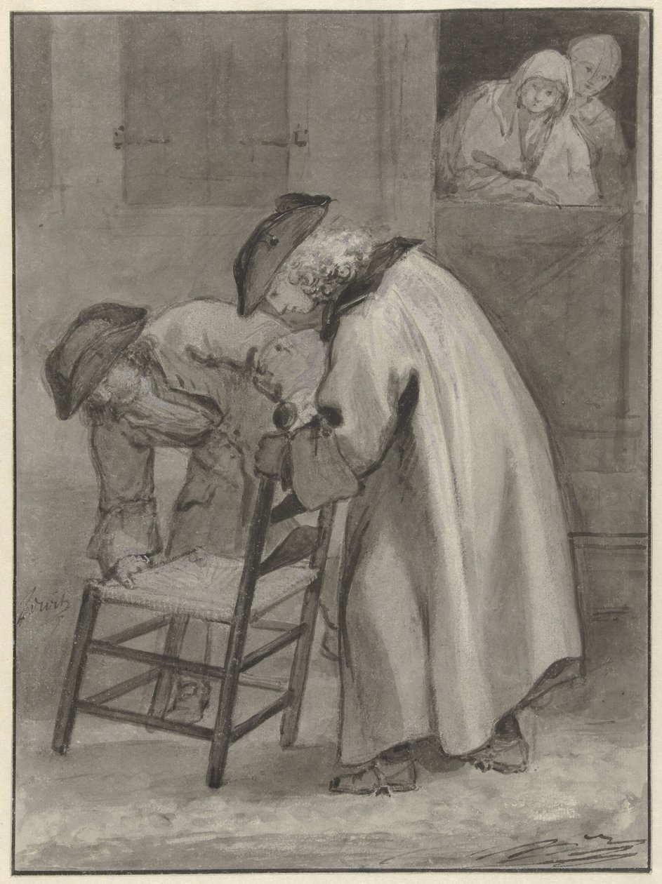 Deux hommes avec chapeau regardant une chaise en paille - Jacob de Wit