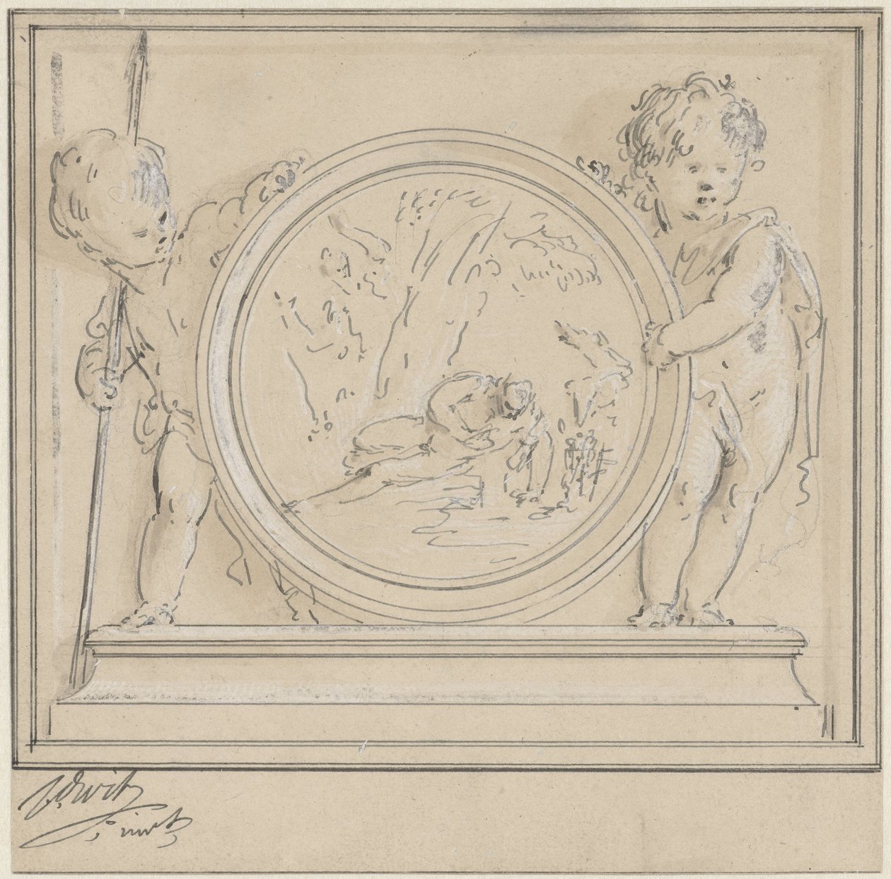 Deux putti avec médaillon, représentant Narcisse et Écho - Jacob de Wit