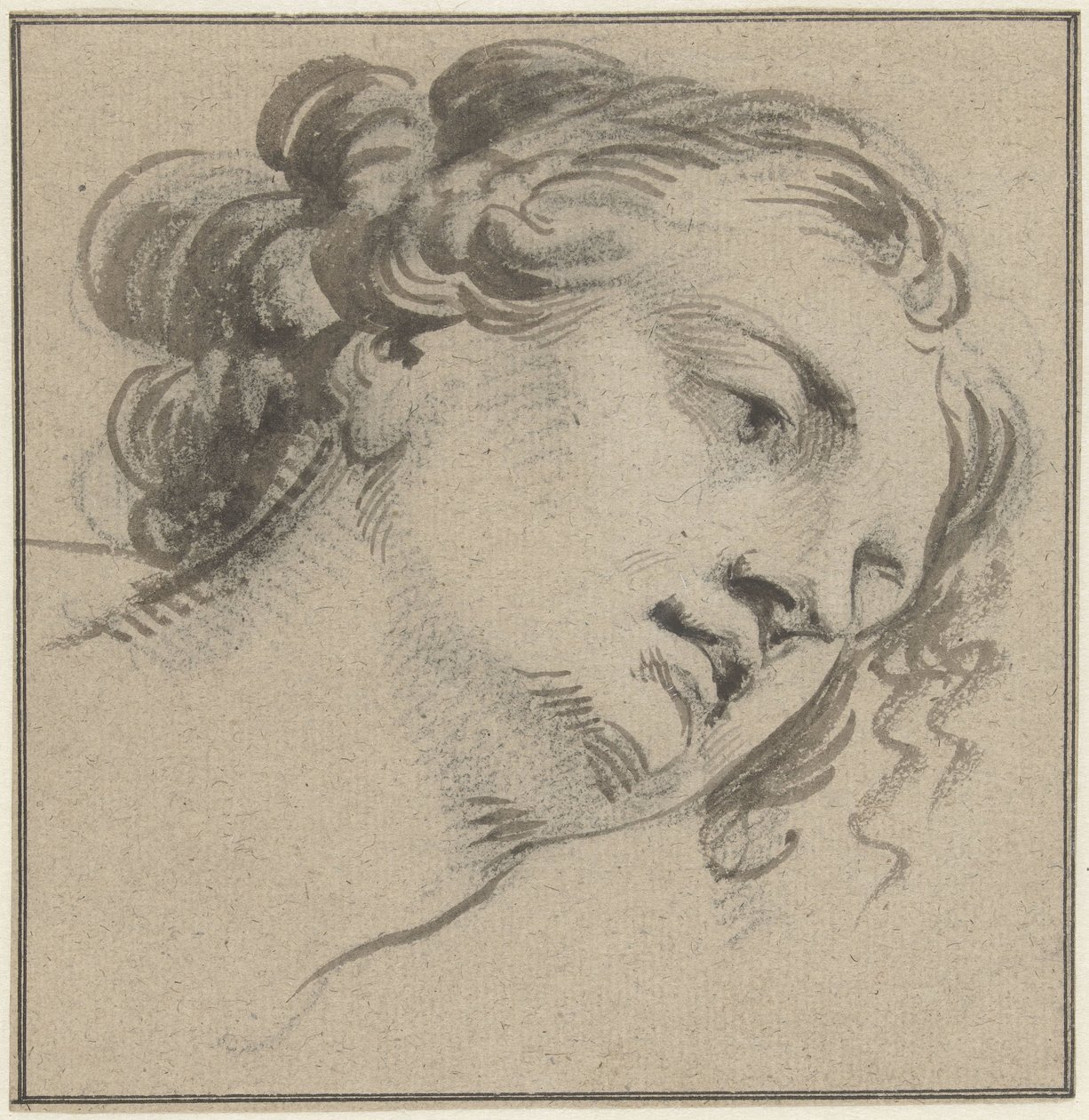 Tête de femme avec cheveux bouclés, trois quarts vers la droite et penchée en avant - Jacob de Wit
