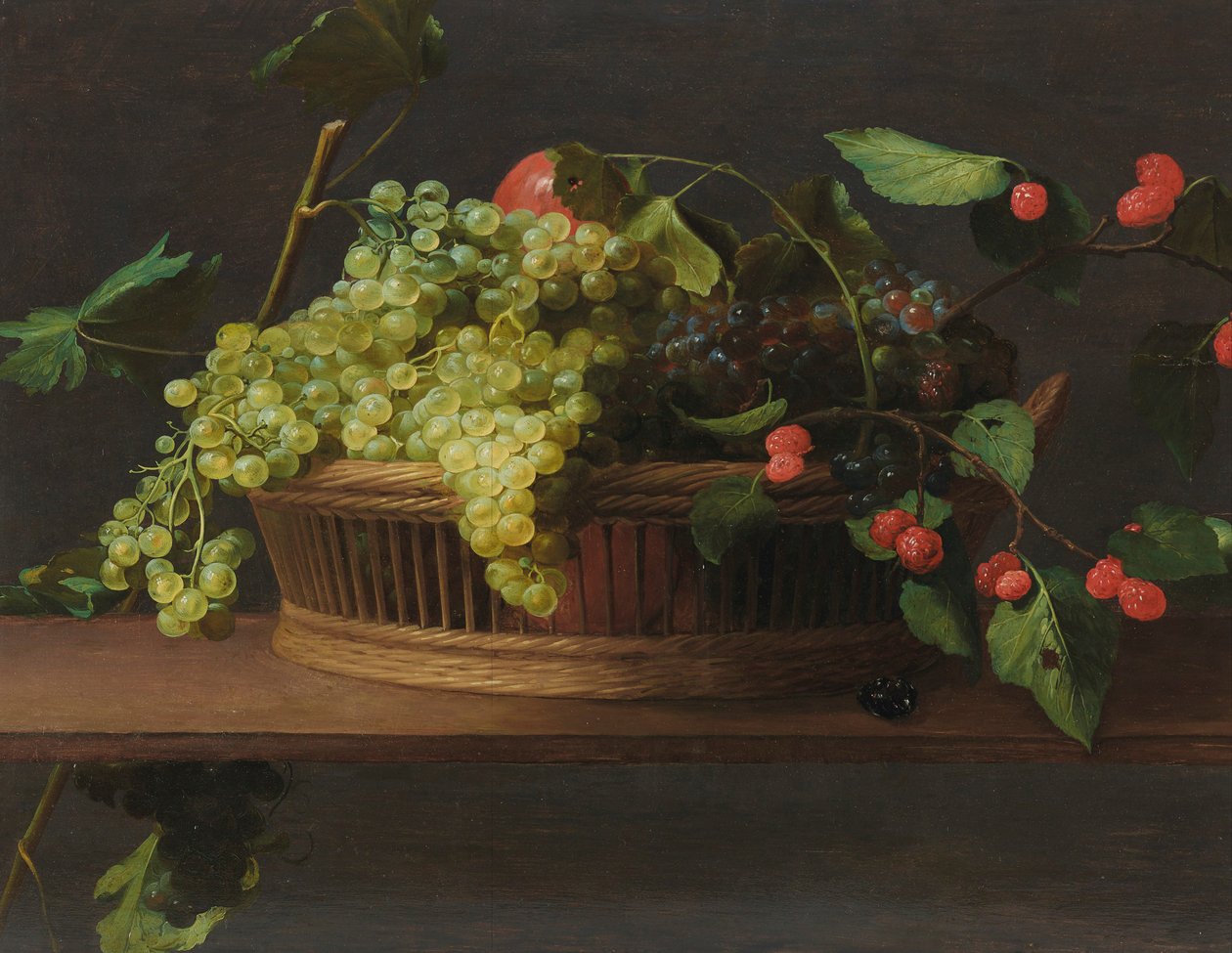 Un panier de raisins et de framboises sur une corniche - Jacob Van Es