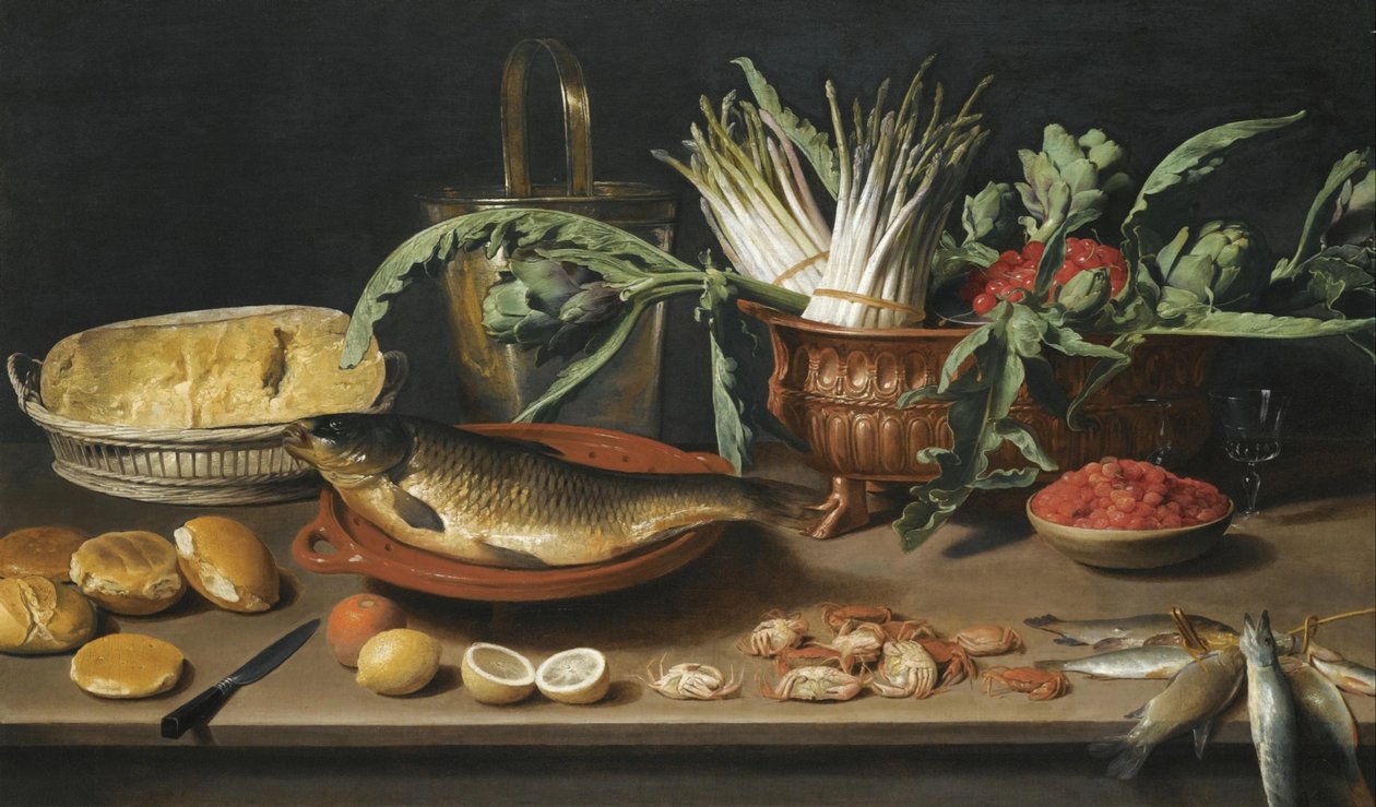 Nature morte avec un poisson sur un plat en terre cuite, des bottes d