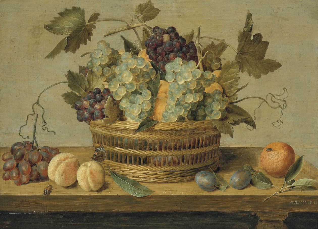 Nectarines et raisins dans un panier sur une table, avec des prunes, des oranges, un papillon et un scarabée - Jacob van Hulsdonck