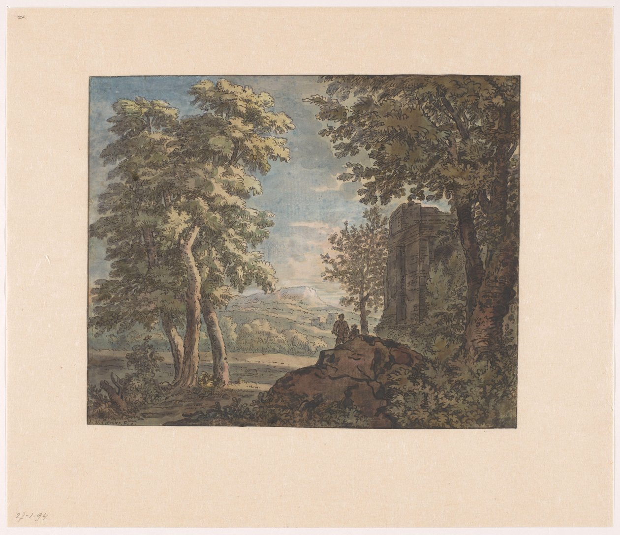 Paysage arcadien avec ruine antique et deux hommes - Jacob van Liender