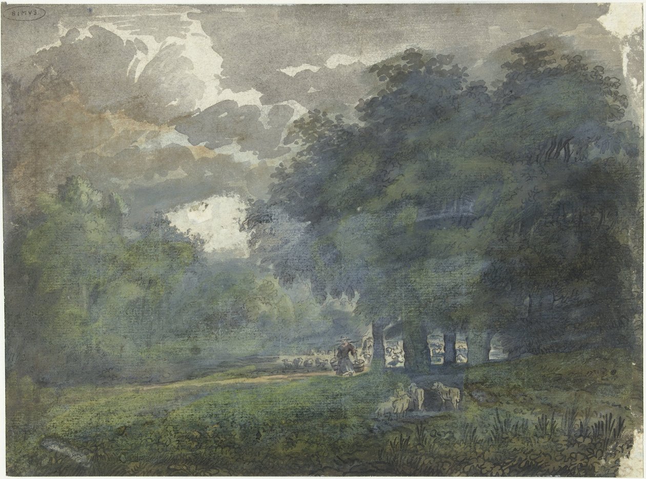 Bergers avec troupeau dans un paysage boisé - Jacob van Liender