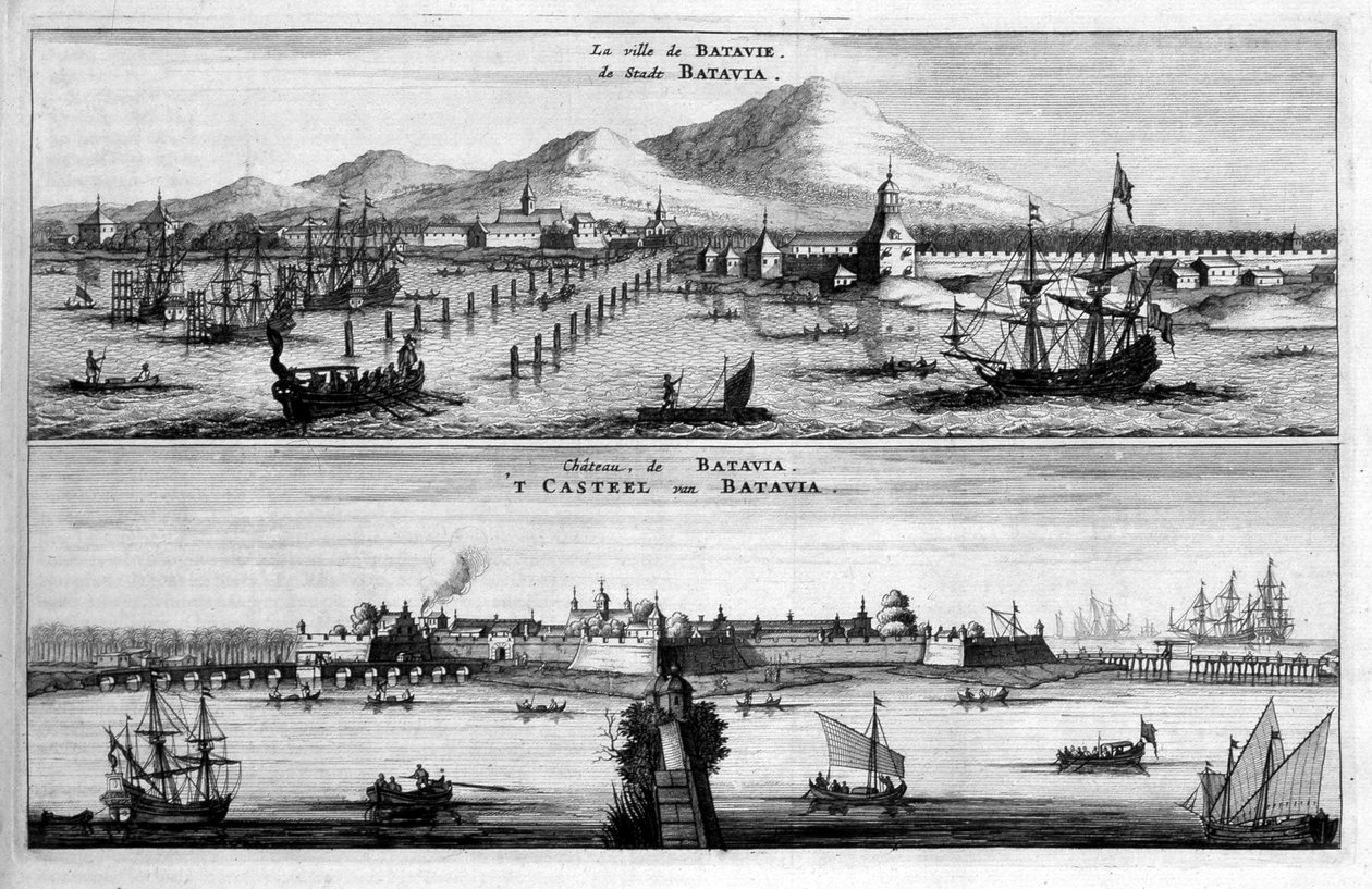 Vues de la ville, du port et du château de Batavia - dans « L
