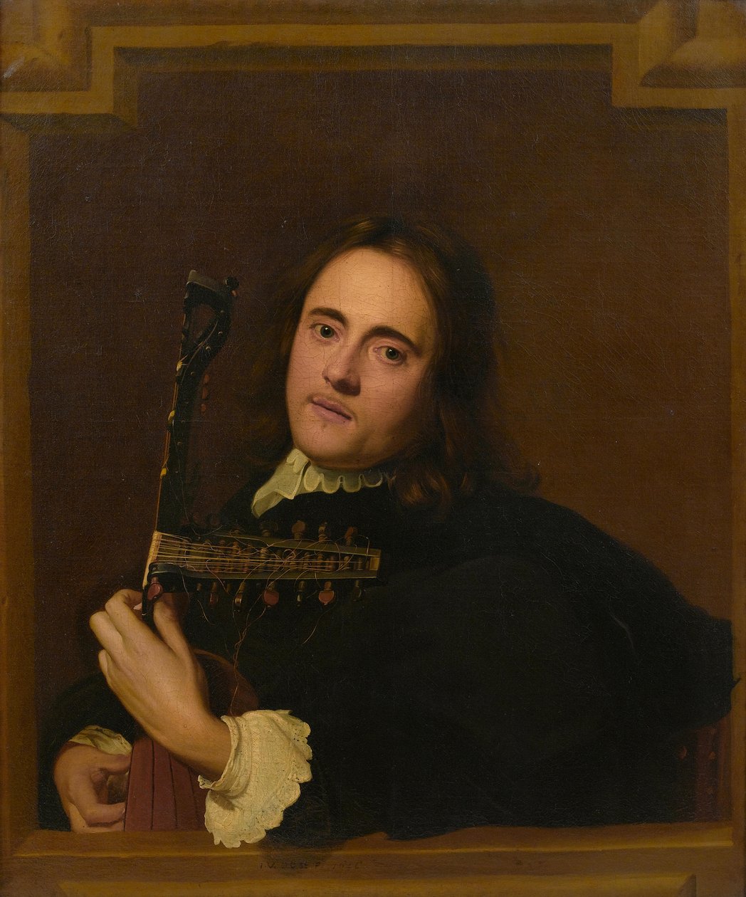 Un jeune homme à une fenêtre en pierre jouant du théorbe-luth - Jacob van Oost