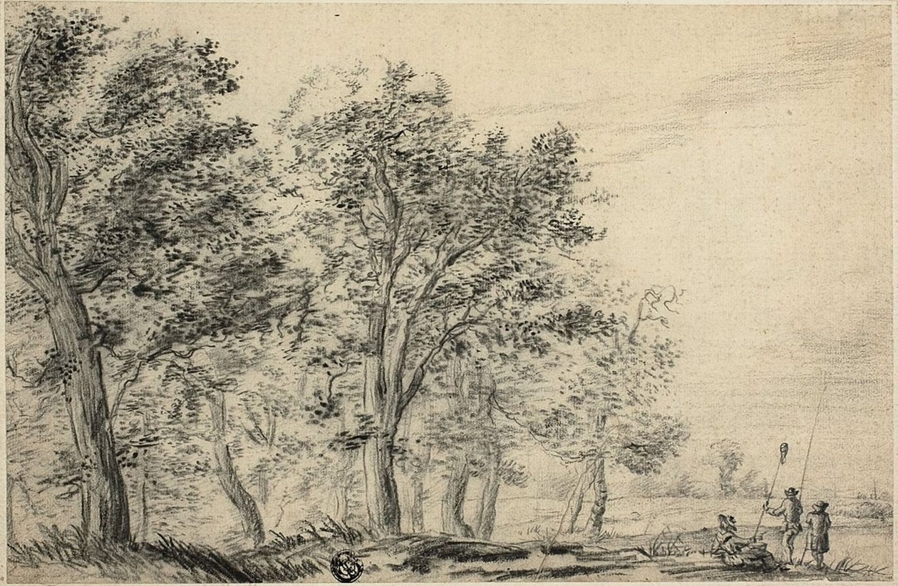 Paysage de Rivière Boisé avec Trois Personnes Pêchant - Jacob van Ruisdael