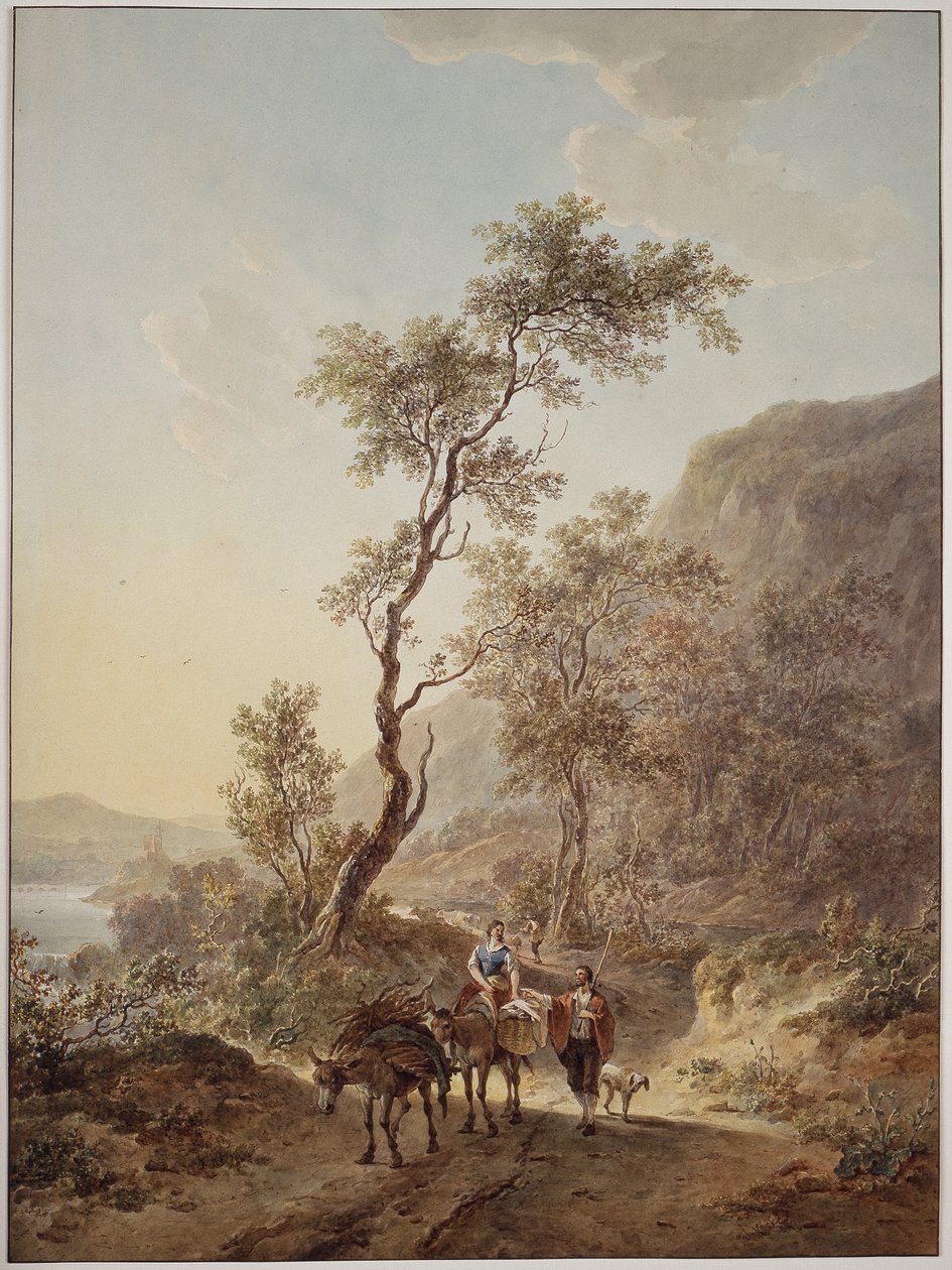 Paysage italianisant avec un couple de bergers sur un chemin de campagne - Jacob van Strij