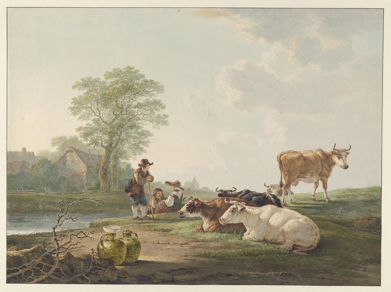 Paysans près de bétail au repos dans un paysage hollandais - Jacob van Strij