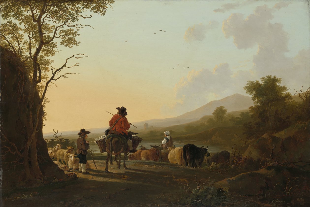 Paysage avec conducteur de bétail et berger - Jacob van Strij