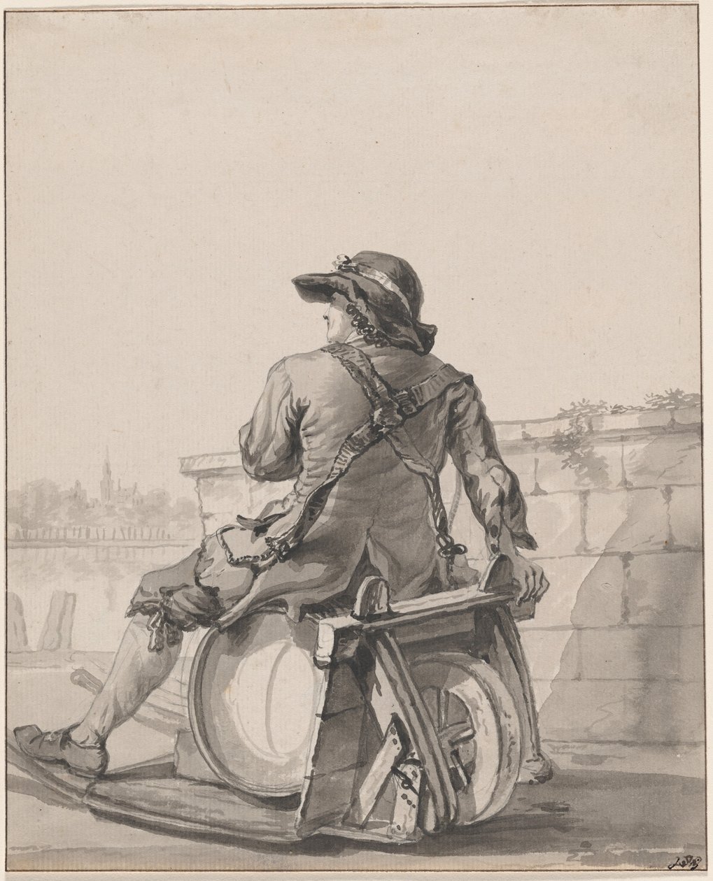 Homme assis sur un tonneau sur une brouette - Jacob van Strij