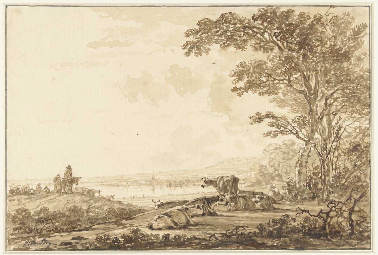Paysage fluvial avec bétail au repos - Jacob van Strij
