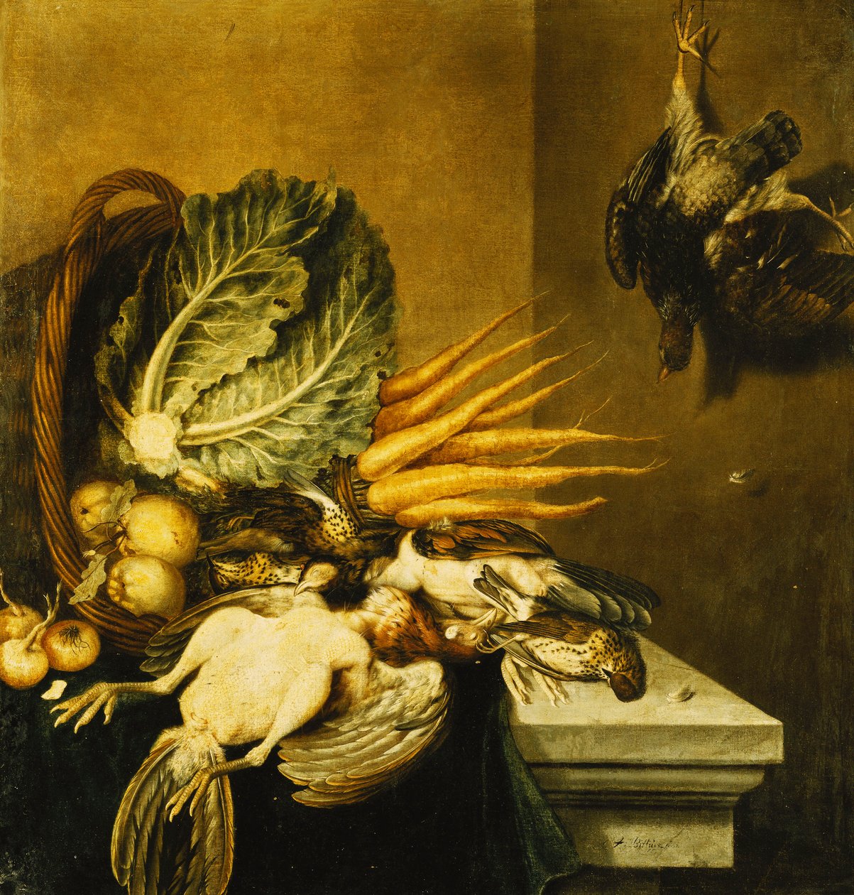 Un Panier Renversé de Volaille, Navets, Pommes, Oignons et un Chou sur un Rebords Drapé d