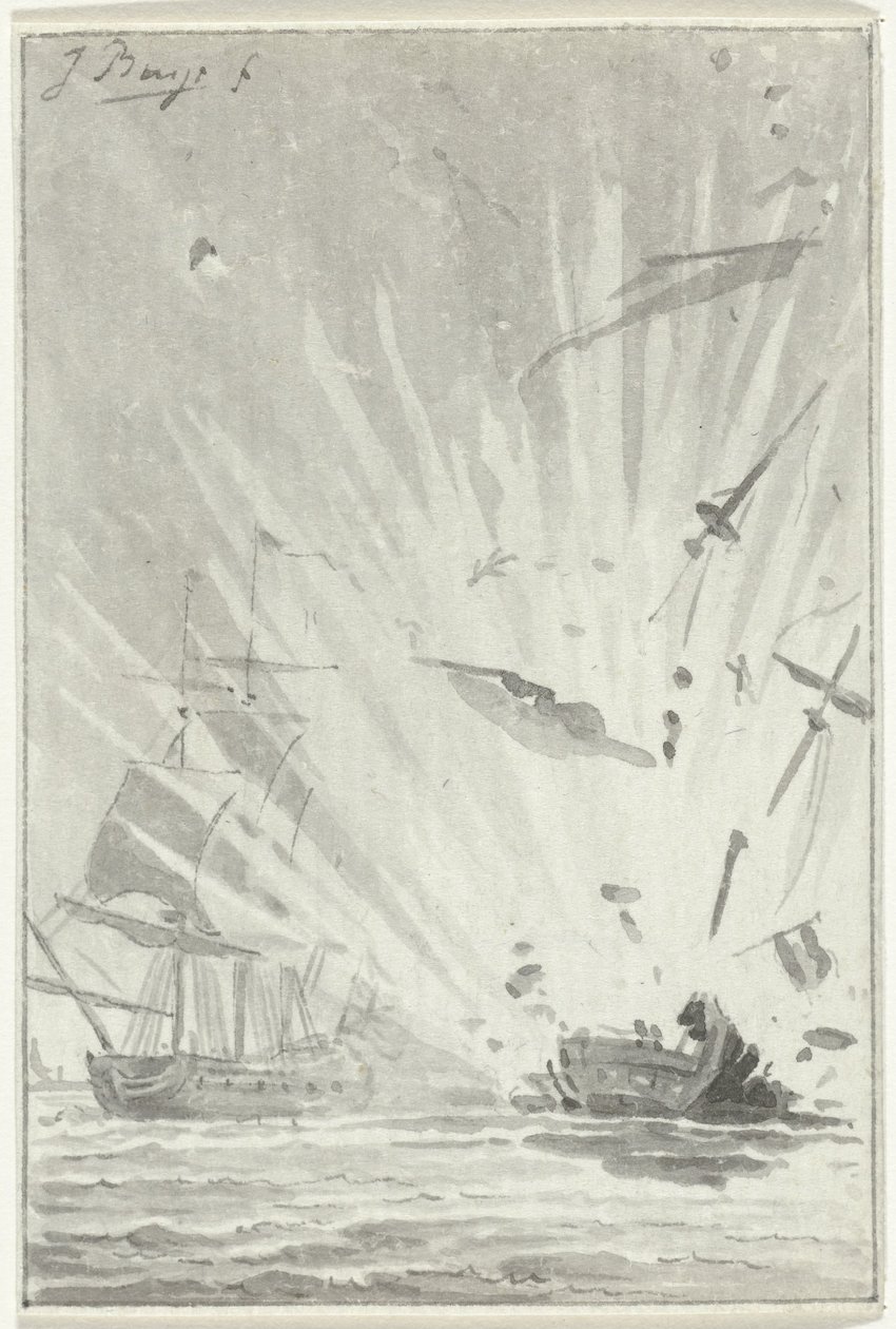 Explosion du navire corsaire néerlandais De Dappere Patriot en combat avec le navire anglais Kameleon, 14 août 1781 - Jacobus Buys