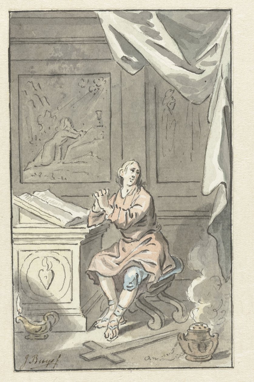 Homme assis avec les mains jointes, derrière une bible - Jacobus Buys