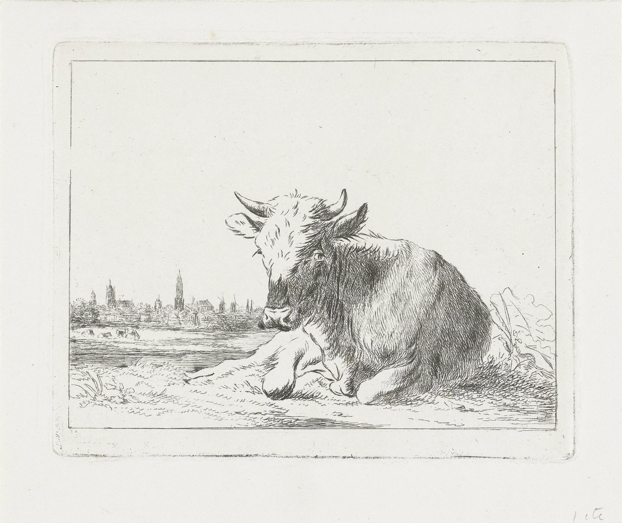 Vache couchée, avec une ville en arrière-plan - Jacobus Cornelis Gaal