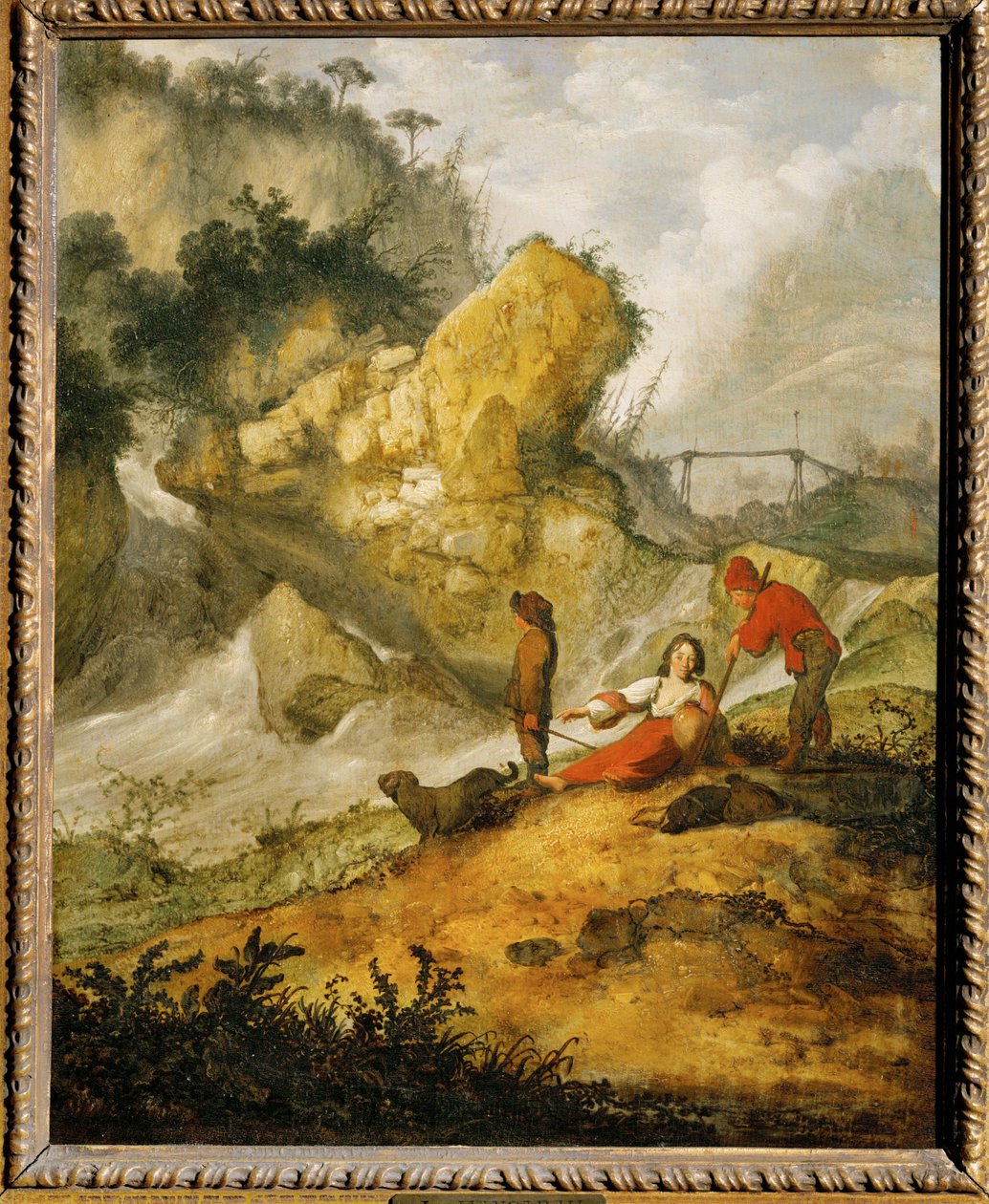 Paysage rocheux avec cascade et bergers (peinture sur bois de chêne) - Jacobus Sibrandi Mancadan